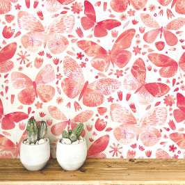 Papel Pintado Arte de mariposa de acuarela coral rosa