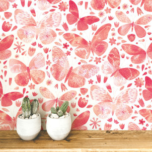 Papel Pintado Arte de mariposa de acuarela coral rosa