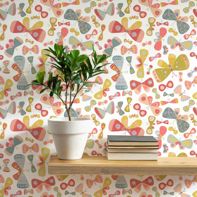 Papel Pintado Arte de mariposa Pastel Azul Verde Rosa (Butterfly pattern art wallpaper)