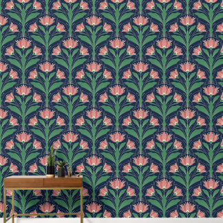 Papel Pintado Arte Deco Boho Moderno Floral Rojo sobre Azul Mari