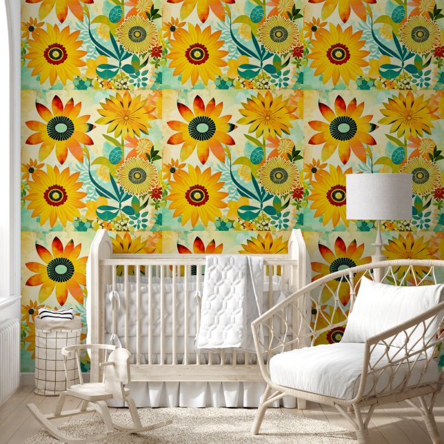 Papel Pintado Arte folclórico de girasoles amarillos (Niños)