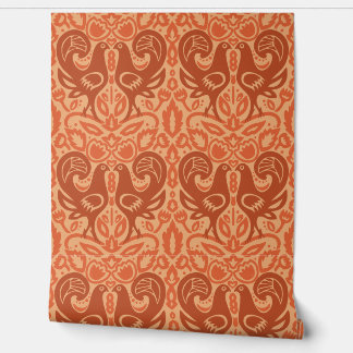 Papel Pintado Arte Folclórico Europeo Patrón Floral Pájaro Rojo