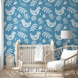 Papel Pintado Arte Folclórico Pájaros Azul Blanco