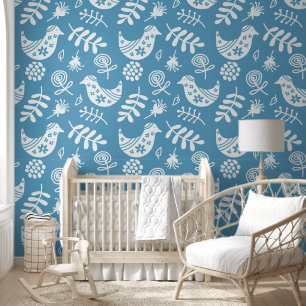 Papel Pintado Arte Folclórico Pájaros Azul Blanco