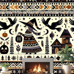 Papel Pintado Arte Popular Aves Negras Calabazas Brujas Hobedien