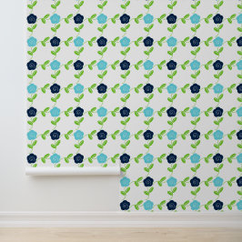 Papel Pintado Arte popular floral en ventana en aqua y navy 