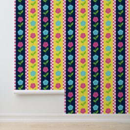 Papel Pintado Arte popular Floral Raya Cuadro - Amarillo Marino