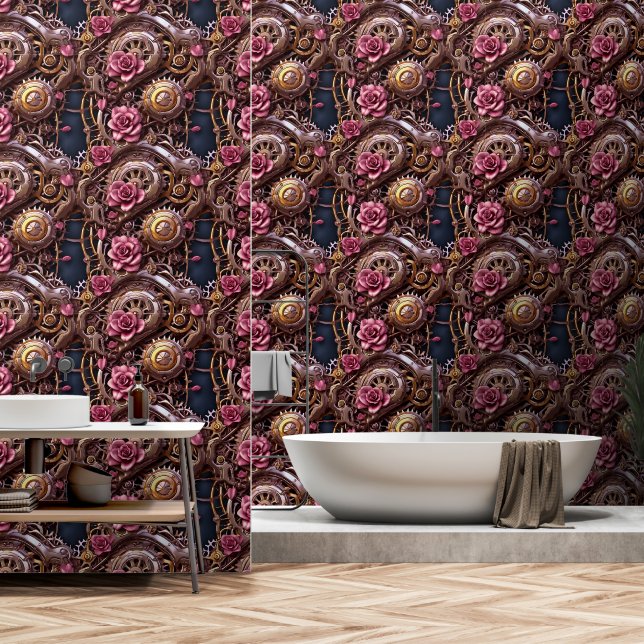 Papel Pintado Artes Metalizado de vapor y rosas rosadas (Baño)