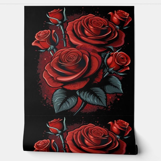 Papel Pintado Asombrosas rosas rojas en negro (Desenrollar)