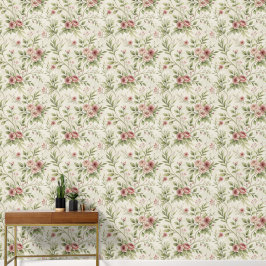 Papel Pintado Aspecto Antiguo Toile Verde y Rosas 