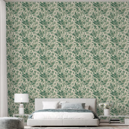 Papel Pintado Aspecto Antiguo Toile Verde y Rosas Verdes 