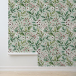 Papel Pintado Aspecto Antiguo Verde Toile y Flores Blancas