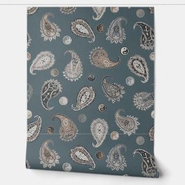 Papel Pintado  Astro Paisley & Yin Yang Dots Blue Beige Grey 