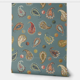 Papel Pintado Astro Paisley & Yin Yang Dots Blue Orange Olive