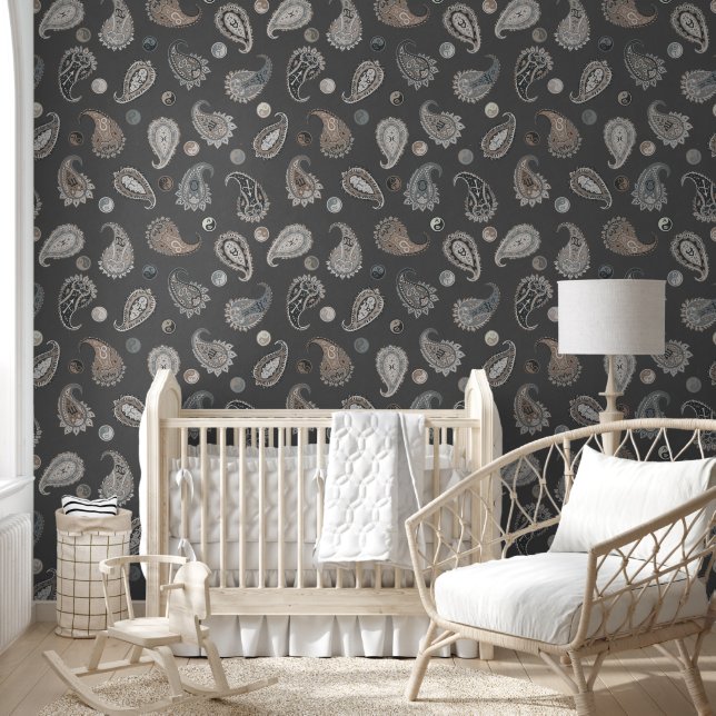 Papel Pintado  Astro Paisley & Yin Yang Dots Dark Grey Beige  (Niños)