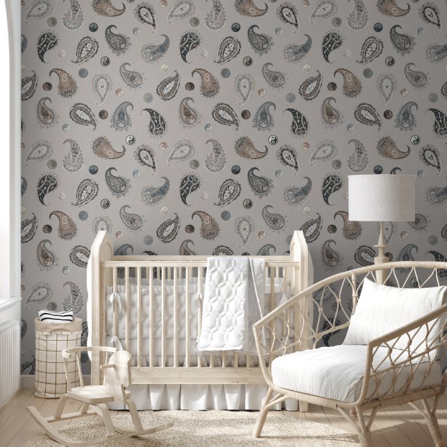 Papel Pintado  Astro Paisley & Yin Yang Dots Grey Blue Beige  (Niños)