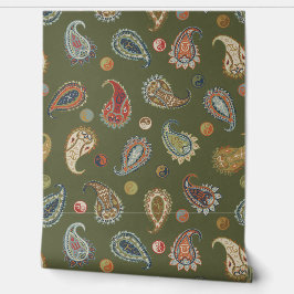 Papel Pintado Astro Paisley & Yin Yang Dots Olive Red Orange