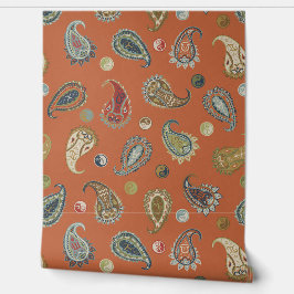 Papel Pintado Astro Paisley & Yin Yang Dots Orange Olive Cobalt