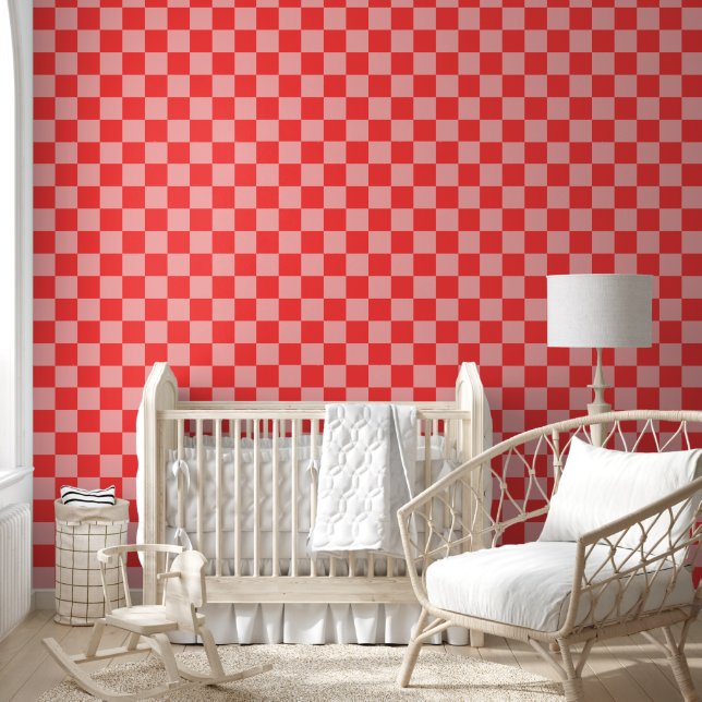 Papel Pintado Atractivo tablero de ajedrez rojo y rosa (Niños)