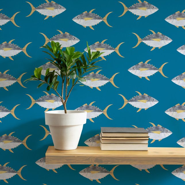 Papel Pintado Atún Pescado Náutico Arte Verde Verde azulado (Fun tuna fish teal green nautical coastal fisherman wallpaper by Nic Squirrell)