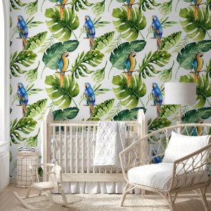 Papel Pintado Audaces hojas tropicales verdes con loros colorido
