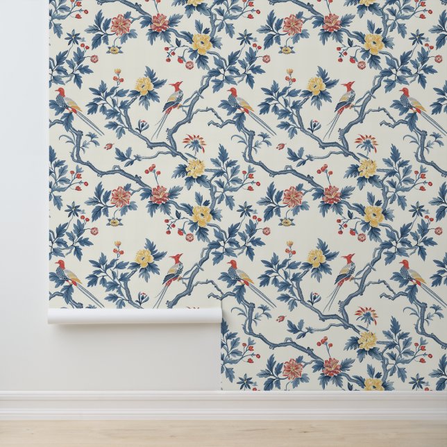 Papel Pintado Ave floral china azul elegante (Solicitud)