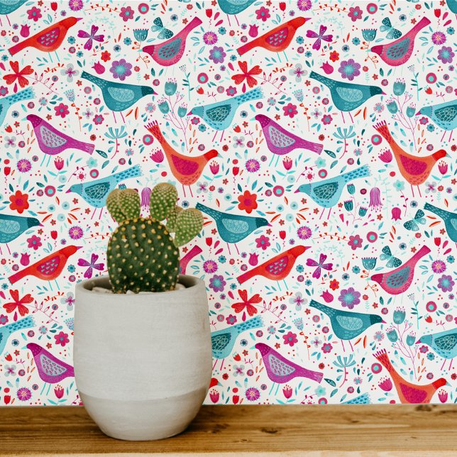 Papel Pintado Aves acuarelas Coloridas Florales (Watercolor birds and flowers art wallpaper)