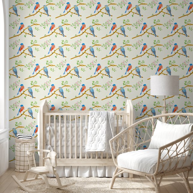Papel Pintado Aves azules amarillo pálido (Niños)