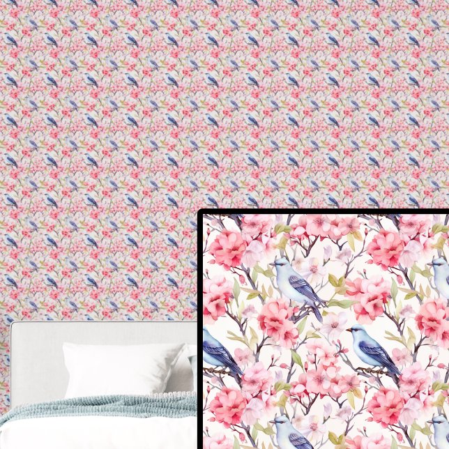 Papel Pintado Aves azules con flores rosas (Subido por el creador)