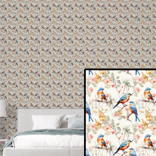 Papel Pintado Aves azules Naranjas rojas en tonos otoñales (Subido por el creador)