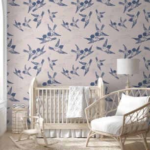 Papel Pintado Aves Azules Negrita Rosa Peel & Stick