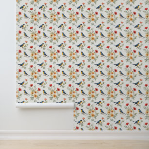 Papel Pintado Aves azules y flores