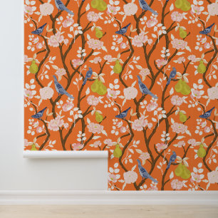 Papel Pintado Aves Chinoiserie naranja y azul