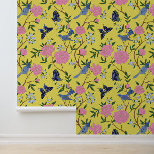 Papel Pintado Aves Cloisonne de Chinoiserie amarillo rosa y azul