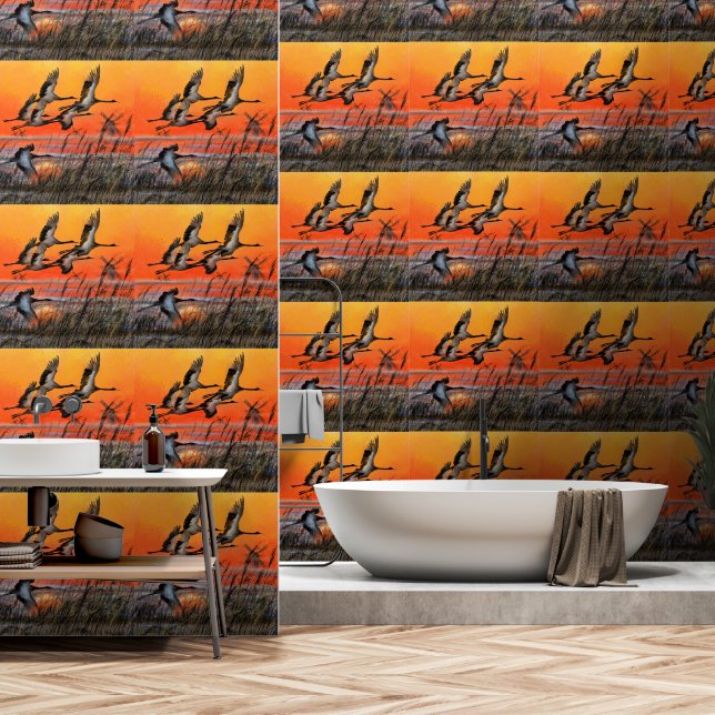 Papel Pintado Aves con atardecer volando (Baño)