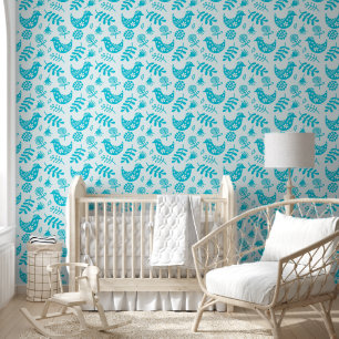 Papel Pintado Aves de arte folclórico blanco Verde azulado