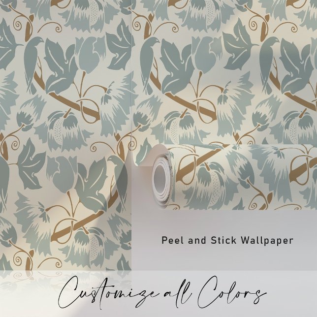 Papel Pintado Aves de época y vides azul taupe (Subido por el creador)