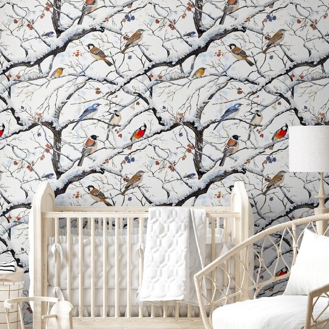 Papel Pintado Aves de Invierno Aves Berries Naturaleza Sala de g (Cute Winter Tree Birds Berries Nature Nursery Room Wallpaper)