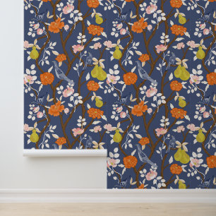 Papel Pintado Aves de la Marina y Naranja Chinoiserie