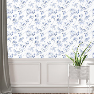 Papel Pintado Aves de mariposa floral blanca y azul vintage