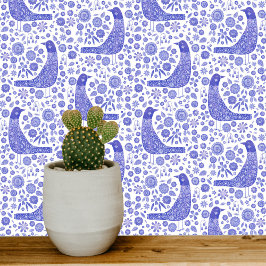 Papel Pintado Aves escandinavas azul y blanco