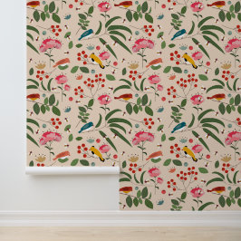 Papel Pintado Aves florales dibujadas a mano Patrón botánico de 