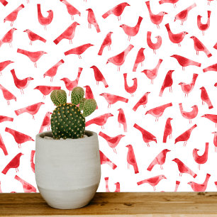 Papel Pintado Aves rojas y blancas acuarela arte