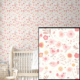 Papel Pintado Aves rosadas y flores