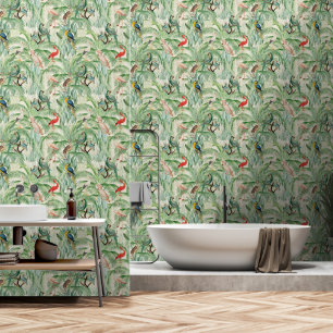 Papel Pintado Aves tropicales y hojas de palma antiguas