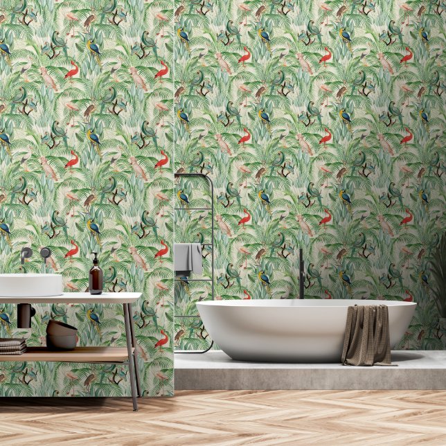 Papel Pintado Aves tropicales y hojas de palma antiguas (Baño)