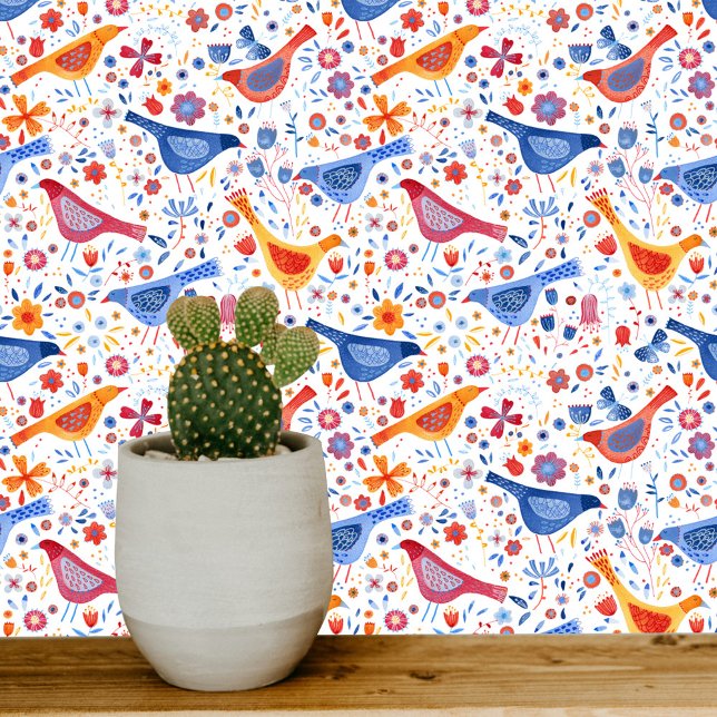 Papel Pintado Aves y flores coloridas acuarelas (Birds and flowers bright colorful watercolor white wallpaper)