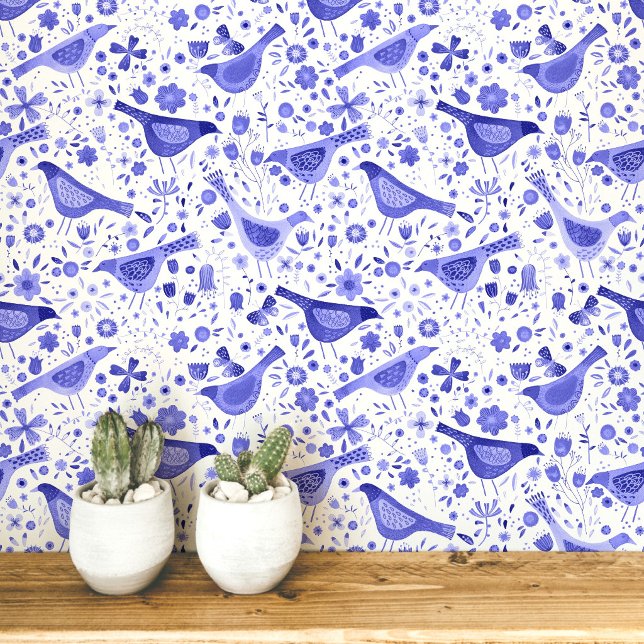 Papel Pintado Aves y flores de acuarela azul y blanco (Blue and white watercolor bird and wildflower art wallpaper)