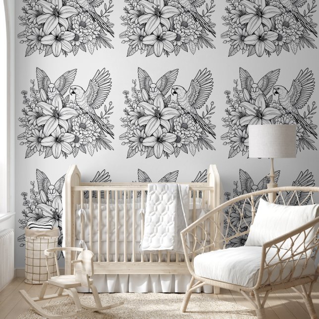 Papel Pintado Aves Y Flores Esperan El Coloreo (Niños)