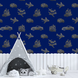 Papel Pintado Aviones De Trenes De Plata Y Niños De Automóviles 